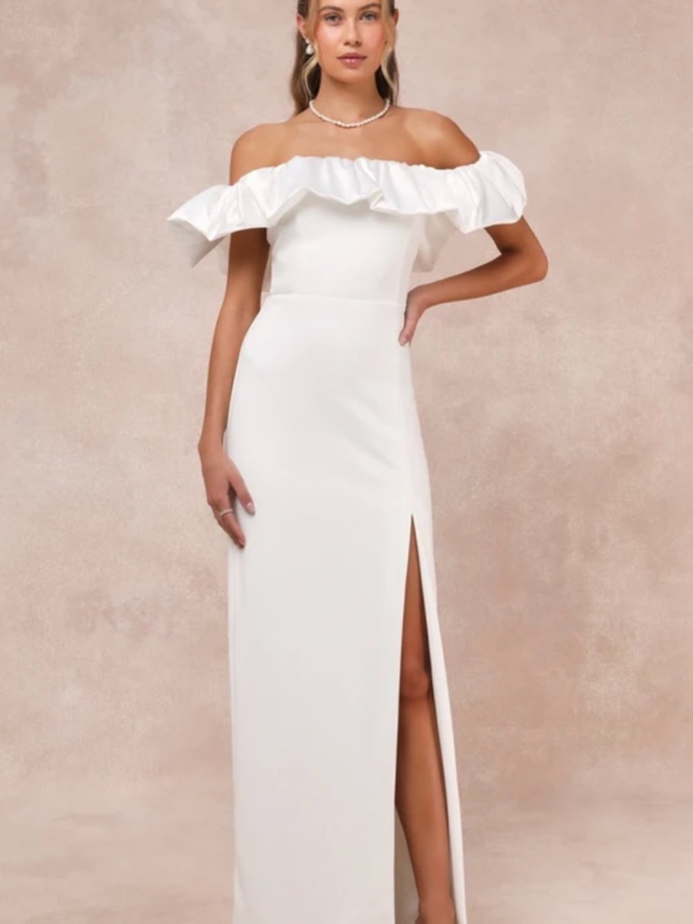 Lulu's White Off-Shoulder Ruffle Maxi Dress with Side Slit